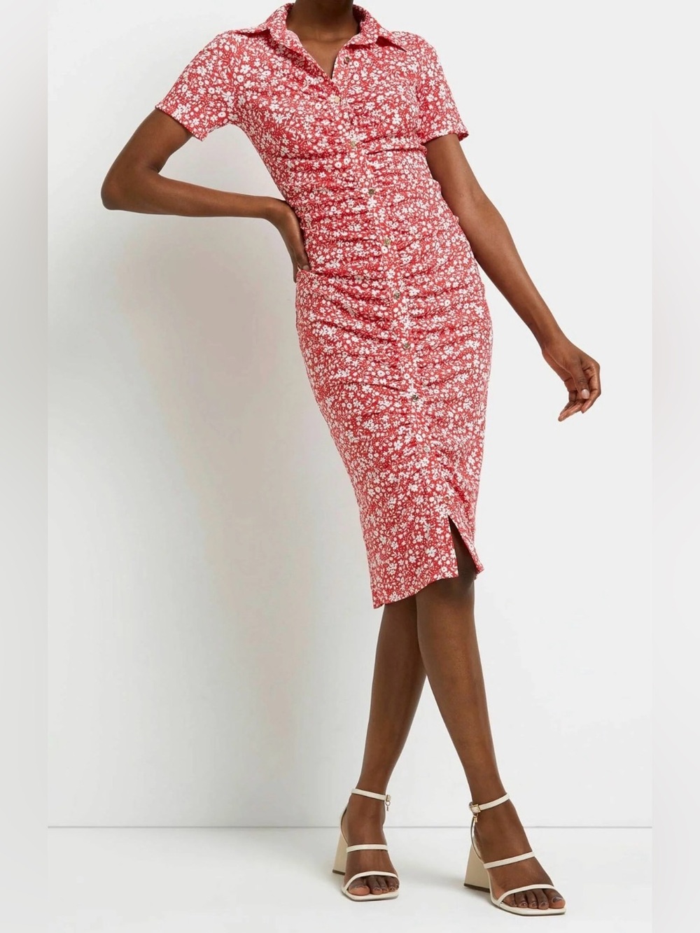 River Island Red/Whiteβ Ditzy Floral Ruched Dress Romantic Cottage Core Size 8